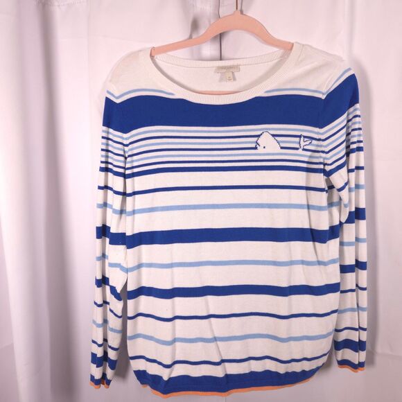 Talbots Womens Medium Blue White STriped Whale Graphic Nautical Pullover Sweater - Picture 1 of 7